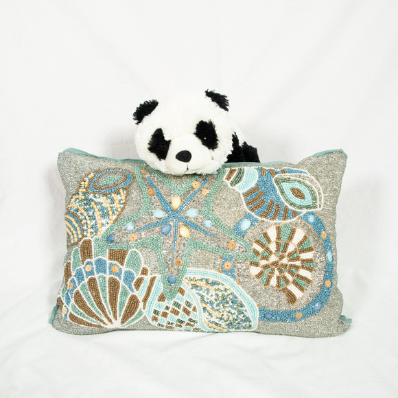 Pier 1 Accents New Teal Beaded Embroidery Seashell Throw Pillow